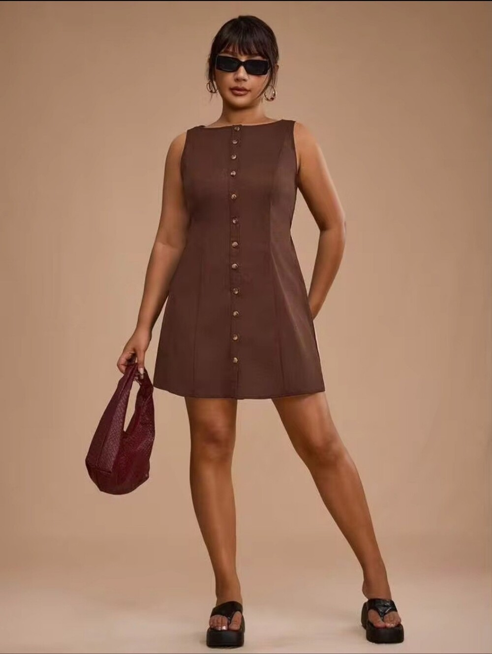 Forever 21 x SHEIN Plus 4XL Brown Linen Blend Button Front Mini Dress Cottagecor